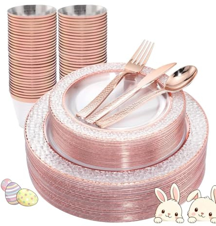 Ciaell 150PCS Rose Gold Plastic Plates – Disposable Plates with Rose Gold Plastic Silverware include 50Plates, 25Forks, 25Knives, 25Spoons, 25Cups for Wedding & Party