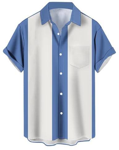 Camisas de boliche Vintage para Hombre, Estilo Casual, de Manga Corta, con Botones, en Contraste, para Verano, con Bloques de Color, Camisas cubanas, Azul y Blanco, Medium
