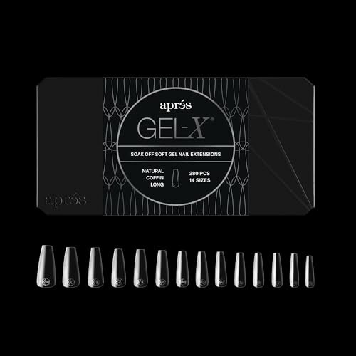 Apres Gel-X® Coffin Box of Nail Tips | 280 Soft Gel Tips, 14 Sizes 00-9 | Half-sizes Included (Natural Coffin Long, 280 Count)