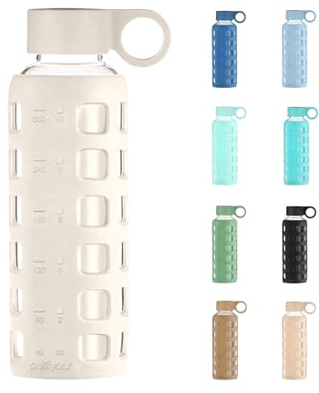purifyou Premium Glass Water Bottles - 102/81/22/12 oz - Reusable Bottle with Time and Volume Markings, Silicone Sleeve and Stainless Steel Lid for