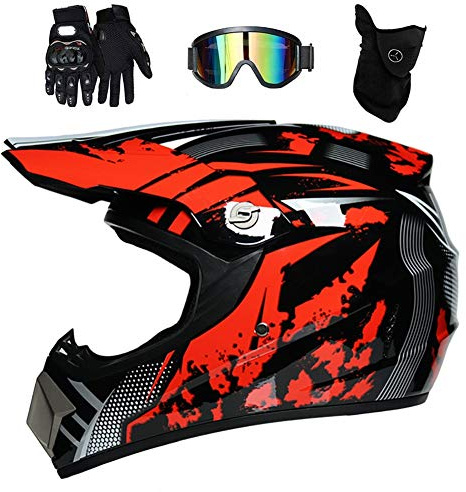 Unisex MTB Motocross Helmet, with Goggles Gloves Mask, Youth Kids Full Face Off Road ATV Motorbike Scooter Crash Helmet, BMX Downhill Enduro Quad Dirt Bike Helmet for Boys Girls (Color : Red, Size :