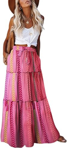 EARKOHA Womens Casual High Waist Tiered Paisley Print Long Maxi Skirt with Pockets, Z-colorful Pink, L
