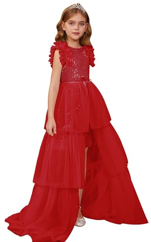 GRACE KARIN Girls Birthday Party Dress for Birthday Flutter Sleeve Sequin Dresses+Tutu Skirt for 11-12 Year Old Red