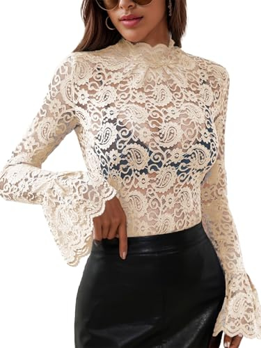 Women's Long Sleeve Lace Mesh Tops High Neck Sheer Blouse Sexy Floral Going Out Top Apricot