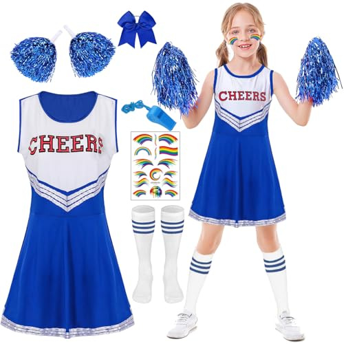YeahBoom Cheerleader Costume Bambina,Vestito Cheerleader Bambina,Uniforme da Cheerleader Bambini con Pompon,Calzini e Accessori per Capelli,Fischietto,per Carnevale Evento Sportivo Cosplay (Blu, 150)