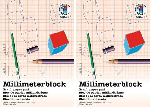 Ursus 7054600 - Blocco millimetrico DIN A4, 80 g/mq, 25 Fogli, griglia da 1 mm, Stampa Rossa, con Reticolo, in Carta Bianca Senza Legno, Ideale per Disegni Tecnici (Confezione da 2)