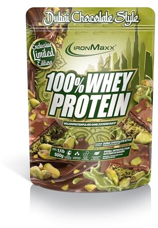 IronMaxx 100% Whey Protein Pulver 500g - Dubai Chocolate | Cremiger Eiweißshake mit BCAAs & EAAs | High Protein, Low Carb & zuckerarm | Ideal für Muskelaufbau, Diät & Fitness