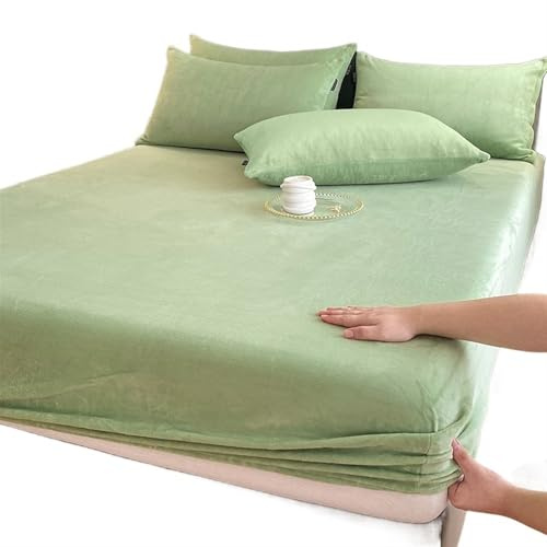 Lenzuola Flanella Lenzuolo con angoli elasticizzato caldo e spesso, coprimaterasso invernale in flanella regolabile, biancheria da letto in velluto, misure 90/160/180/200 Lenzuola Letto(Green,90x200x2