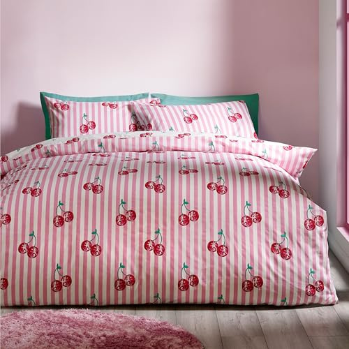 Catherine Lansfield Parure de lit réversible avec Housse de Couette et taies d'oreiller Motif Rayures Cerises Rose