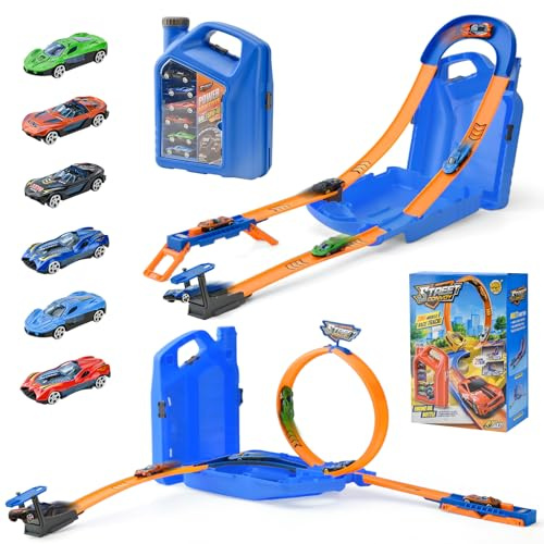 LTFIOON Autorennbahn für Kinder, Auto Spielzeug mit 6 Autos Looping Track, Aufbewahrungsbox, Portable Spielzeug autorennbahn, Autorennbahn Bauset für Kinder ab 3 4 5 6 7 8 Jahre (Blau)
