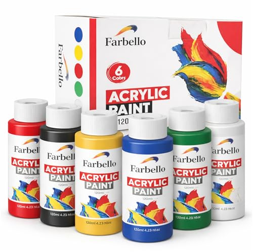 Farbello Akrylfärg 6 x 120 ml – högpigmenterade, vattentäta konstnärsfärger för akrylpouring, duk, trä, sten, papper och metall – lysande målarfärger (6 färger)