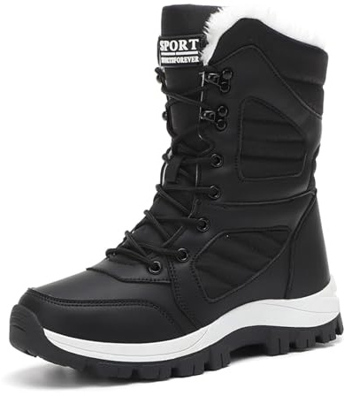 Botines 2026 para mujer, botas de nieve de invierno de moda para mujer, suela gruesa, parte superior antideslizante, cordones, encaje alto, zapatos cálidos y cómodos, Negro , 38 EU