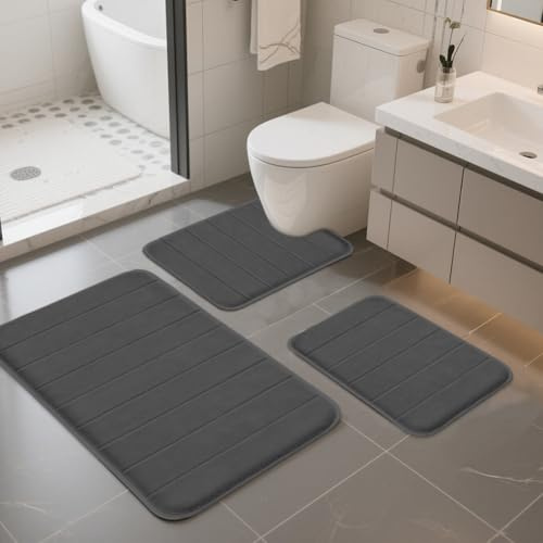 Badezimmerteppich Set 3-teilig, Badteppich rutschfest waschbar, Weiche Badematte mit Memory Foam und U Förmige wc Vorleger, Badvorleger Set für Dusche WC, Saugfähig & Schnell trocknend, Badteppiche