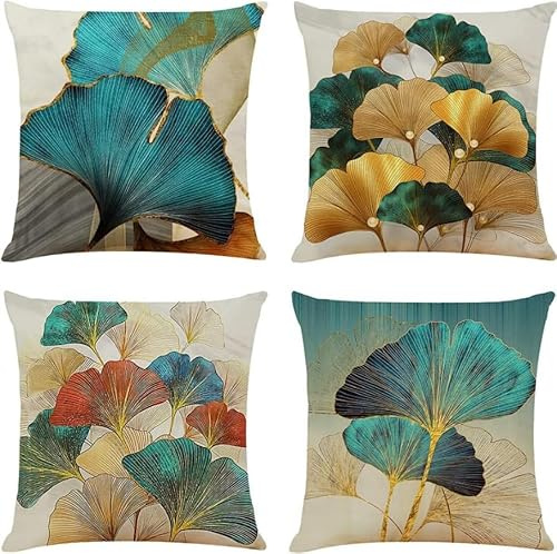BREASOME Federe Cuscini Divano 45x45 cm, Set di 4 Copricuscini Foglia Dorata e Ciano Fodere per Cuscini Decorativi Quadrata in Lino per Divano Camera da Letto Soggiorno
