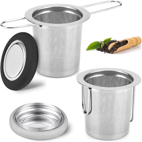 Gykutix 2 Pezzi Infusore per Tisane Riutilizzabile Infusore Tè Filtro per Tè in 304 Acciaio Inox Colino da Tè Extra Fine con Coperchio e Manici Pieghevoli, per Teiere e Tazze, Nero+Grigio
