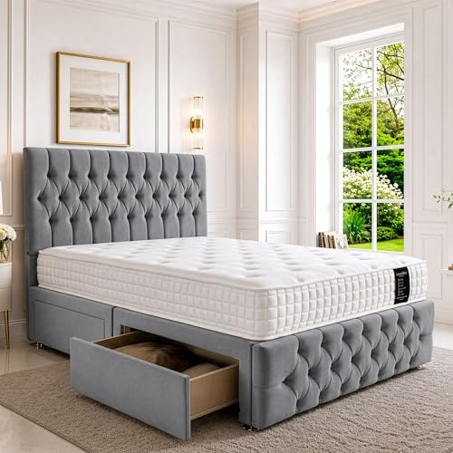 SANA SLEEP Sleek King Bed 5FT with Headboard & Footboard - Sierra Grey Plush Finish - Includes Pocket Sprung Multi-Zone Mattress & 2 Drawers - Sturdy Divan Design for Compact Bedrooms