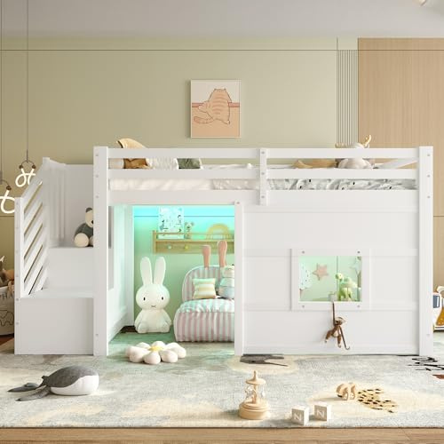 Yihomfy Lit Mezzanine 1 Place 90×200, Lit mi Hauteur Enfant avec LED Intelligente et Fenêtre, Escalier de Rangement et Barrière de Sécurité, Structure Renforcée, pour Garçon et Fille, Blanc-B