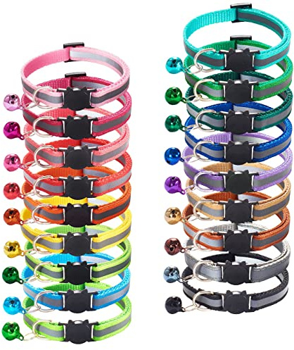 Flymind 18Pcs Reflective Cat ID Collars with Bell Adjustable 19-32cm, Soft Nylon Adjustable Breakaway Identification Collars for Puppy Kittens