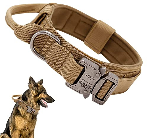 Ledeak Collare Tattico in Nylon per Cani di Taglia Media e Grande - Regolabile con Maniglia di Comando, Fibbia in Metallo per Addestramento (XL, Marrone)