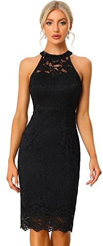 Allegra K Damen Spitzenkleid Ärmellos Figurbetontes Elegantes Etuikleid Neckholder Kleid Schwarz XL
