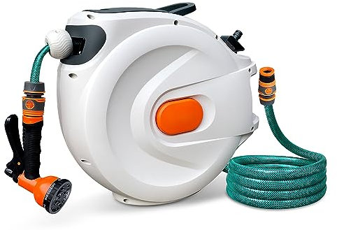 Sudoo Million Star Retractable Hose Reel 15M/20M/30M, 8 in 1 Nozzle Wall Mounted Hose Reel for Garden, Retractable, Auto Lock and Auto Rewind, Includes Wall Fixings,180°Swive, Outdoor Watering (30M)