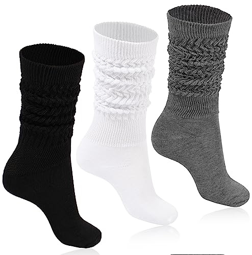 Moon Wood 3 Paires Chaussettes Montantes Femmes Chaudes Épaisses en Coton Jambières Chaussettes Slouch Taille 36-42 Noir/Blanc/Gris
