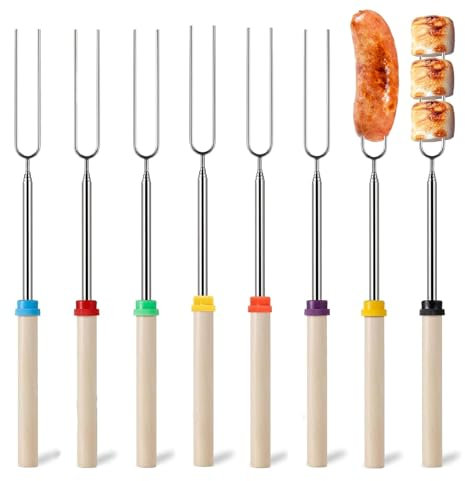8 Pcs Brochettes pour Barbecue Aciers Inoxydables,Extensible Pic a Brochette,Longueur Maximale 81 cm,Réutilisable Brochette de Guimauve,pour BBQ,Camping,Feux de Joie