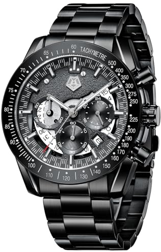MEGALITH Uhren Herren Chronograph Armbanduhr: Kleid Herren Uhr Analog Groß Ziffernblatt Schwarz - Edelstahl Männer Uhr Wasserdicht Quarz mit Kalender Business