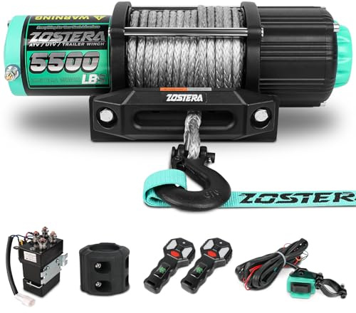 Zostera 5500lbs ATV/UTV Winch with Synthetic Rope, Electric Boat Trailer Winch 12V, Waterproof Winch with 2 Wireless Remotes &Wired Switch,with Mounting Plate,Aluminium Fairlead