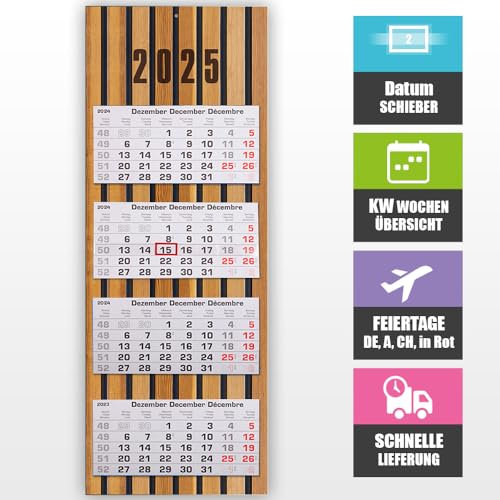 4 Monatskalender 2025 Wandkalender mit Datumsschieber – 33 x 89,5 cm für optimale Planung, Wandplaner vier Monate Übersicht, Bürokalender, 4 Monats Kalender, KW-Wochen, Feiertage, Motiv: Holz Paneele