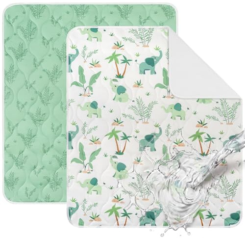 Yukkidds Alèse Protège Matelas Lavable 90x75 cm Lot de 2 Couvre-Matelas Imperméable Bébé & Enfant-Absorbant, Respirant, Anti-Fuite pour Lit, Incontinence, Sueur et Liquides Éléphant Vert