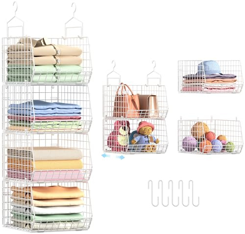 4 Extra Deeper Foldable Hanging Closet Organizer, Small Wire Cabinet Shelves and Storage with 5 S Hooks,4 Tier Metal Basket Bins for Clothes Sweaters Handbags, Wardrobe for Kitchen Laundry Room，White