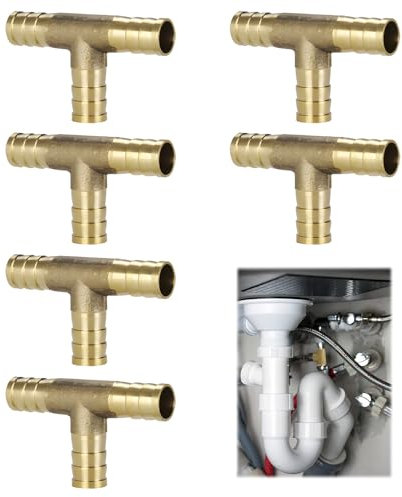 Lot de 6 raccords de tuyau en T - 10 mm - En laiton - 3 voies - Rallonge de tuyau d'arrosage - Réparation de tuyau - Pour air, eau, gaz, carburant, huile