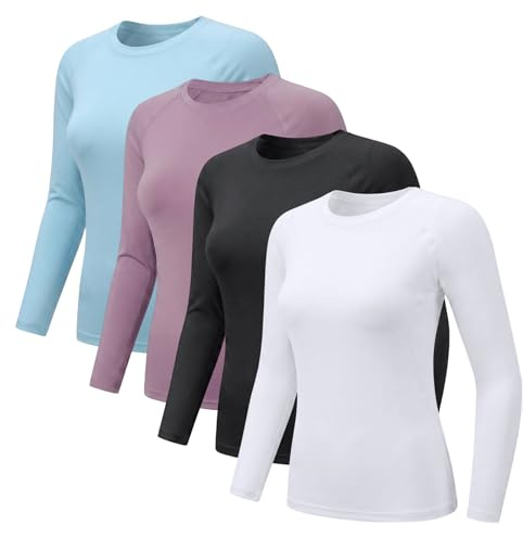 NuCamper 4 Pack Thermal Tops Womens Long Sleeve Shirt Round Neck Soft Thermal Underwear Breathable Compression Base Layer Shirts Casual Slim Fitted Lightweight Ladies Thermals T Shirt for Running