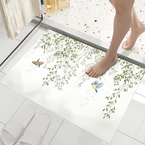 HASLEFND Tappeto Ingresso Interno Semplice stile cinese Rami di salice e uccelli 45 x 75 cm Assorbente Tappeto Cucina Antiscivolo Lavabile in Lavatrice Passatoia Profilo Zerbino Verde chiaro