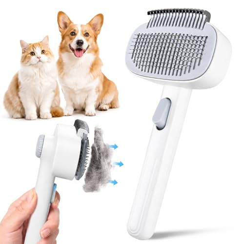 Cepillo para Perros y Gatos 2 en 1 con Limpieza en un Clic, Cepillo para Gatos Quitapelo con Peine Desenredante, Cepillo de Subpelo Giratorio para Pelo Largo y Corto, Elimina Nudos y Pelo Muerto