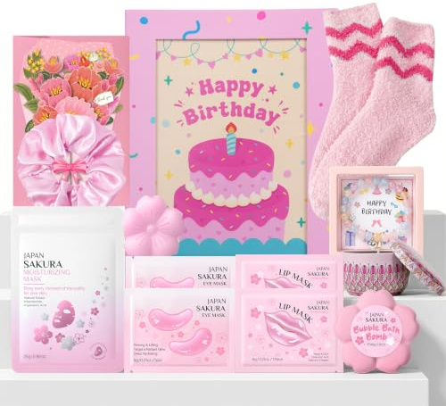 Sakura Coffret Cadeau Femme Anniversaire 13 pièces | avec Masques pour yeux / lèvres / visage Bougie Parfumée Chaussette Bracelet Cadre photo, pour Amie Soeur Fille Maman