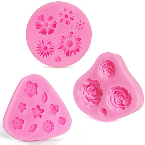 mciskin Lot de 3 moules à gâteau en silicone Motif mini fleurs, roses, pâquerettes Pour décoration de gâteaux, gelée, bonbons, chocolat, fondant, décoration de gâteaux