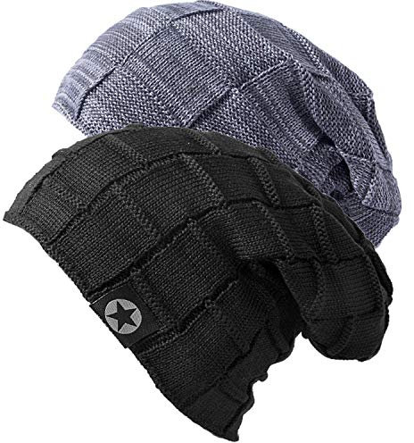 Chalier 2er Slouch Beanie Mütze Damen Herren, Warme Winter Strickmütze mit Fleece Innenfutter Unisex Wintermütze - Grau+Schwarz (A Set) - Einheitsgröße