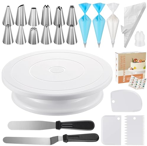 Kootek 71PCs Cake Decorating Kit, Baking Supplies Tools - Includes Cake Stand Turntable, 12 Icing Piping Tips Set, 2 Frosting Spatulas, 3 Scrapers, 50+2 Piping Bags, Coupler, Video Tutorial, Booklet