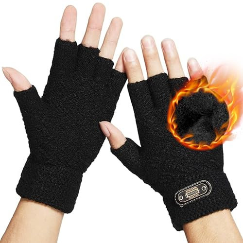 DOVAVA Fingerlose Handschuhe Herren, Halbfinger Touchscreen Strickhandschuhe Schwarz Dunkelgrau und Khaki Mit Weichem Innenfutter (Schwarz Halb)