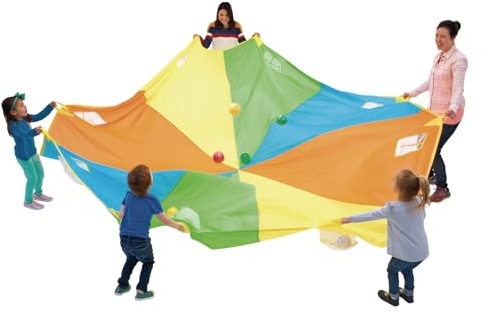 12-Foot Rainbow Pocket Play Parachute for Kids with 12 Handles, 8 Mesh Pockets, Kids Toy, Gym Parachute
