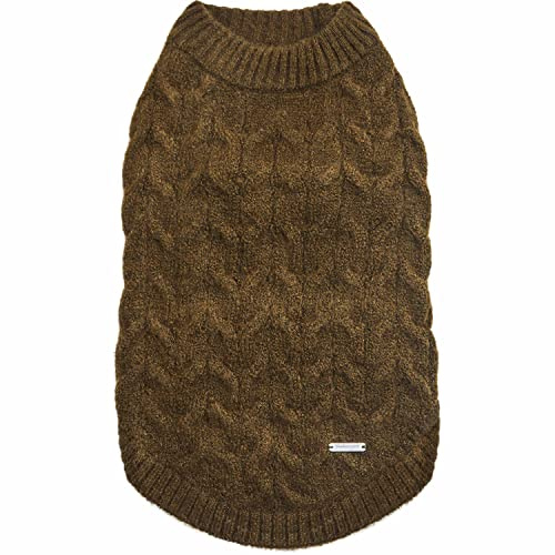 Blueberry Pet Classic Fuzzy Textured Knit Pullover Crew-Neck Dog Sweater in Dark Olive, Back Length 14, Pack of 1 Clothes for Dogs