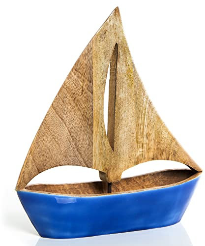 Logbuch-Verlag Deko Boot Segelboot mediterrane Deko blau braun 28 cm aus Holz Geschenk Hochzeit Geburtstag Rente Segelschiff