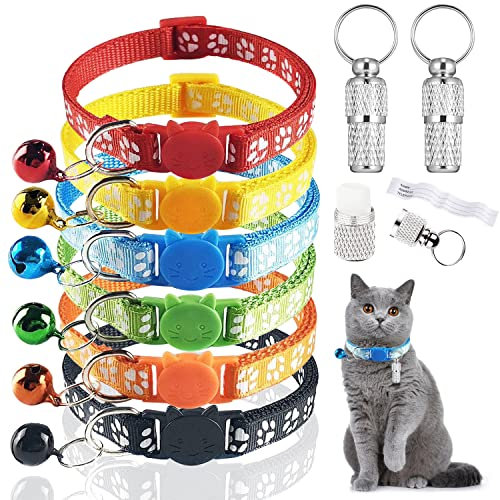 Katzenhalsband, Halsband mit Sicherheitsverschluss und Glöckchen, Favson Verstellbar Kitten Halsband, Adressanhänger für Hunde Katzen, ID Tag Hundemarke Tiermarke(6 Farben & 2 ID Tag)