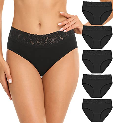 Culotte Femme Coton Confort Slips Respirant Hipster Dentelle sous-vêtements Lot de 5 (Black,XL)
