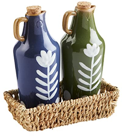 Mud Pie Dotted Oil Vinegar Set; Decanter 7 1/4 X 2 Dia | Basket 3 X 6