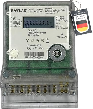 Stromzähler für Zählerschrank [BAYLAN BT.11-MID25] Drehstromzähler für Zählerplatz/Zählerkreuz Montage, MID geeicht, LCD, Rücklaufsperre (Bezugszähler)