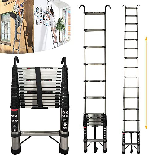 Telescopic Ladder 4M/14.4FT Multi-Purpose Folding with Detachable Hooks, Stainless Steel Ladders 14 Adjustable Steps Extension Ladder, Extendable Resistant Foldable Ladder with EN131, Max Load 150kg