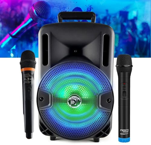 Encente DJ sur Batterie DJOON08-400W à LEDs RVB USB/SD/Bluetooth, 2 Micros VHF pour Karaoké
